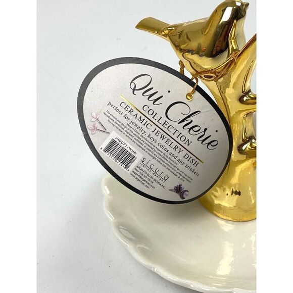 Sicura Qui Cherie Collection Ceramic Bird Jewelry Trinket Dish Small Gold White - Picture 6 of 7